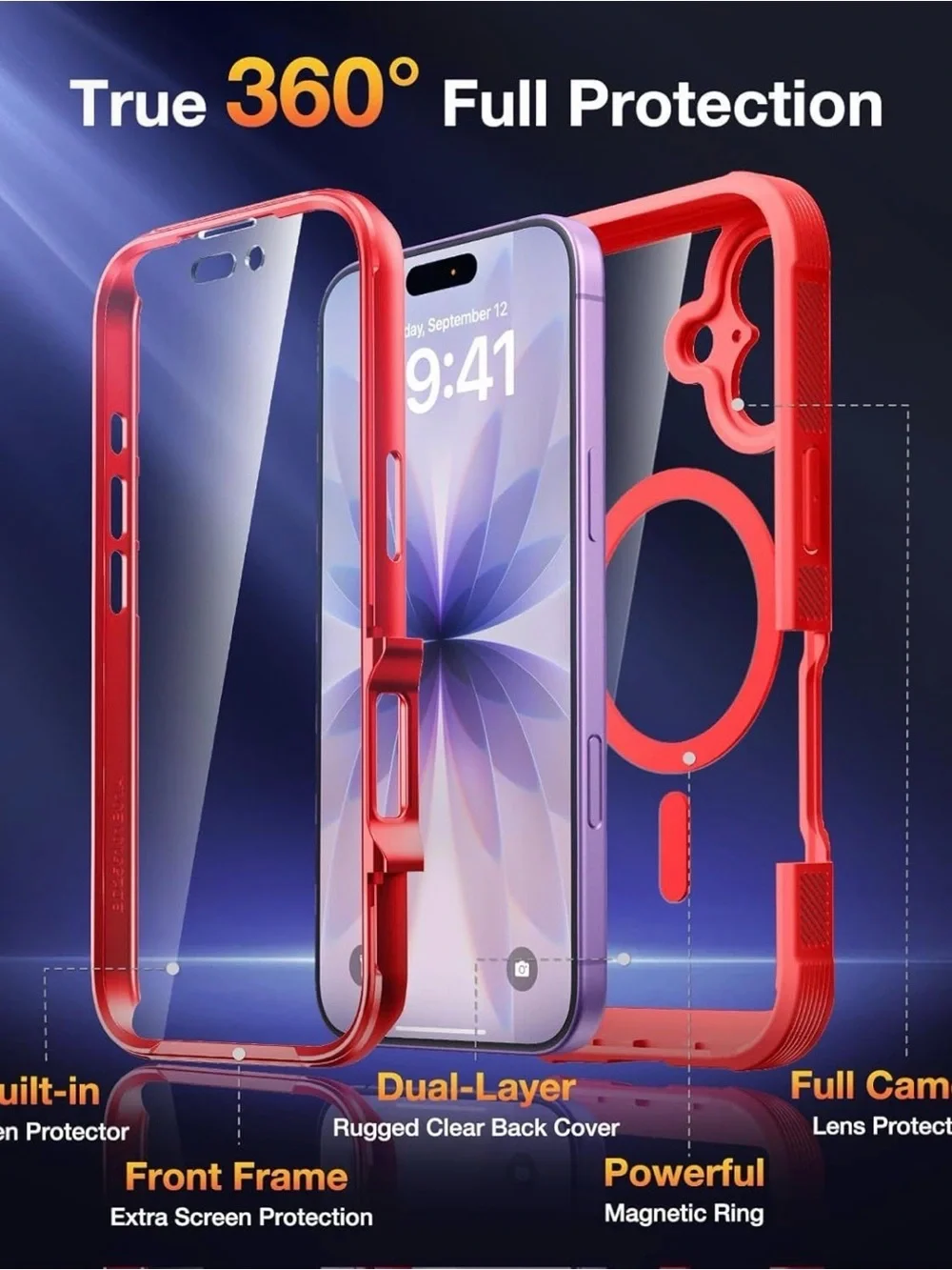 Iphone 17 Red Magnetic Clear-Back Protective Phone Case with Front Cover